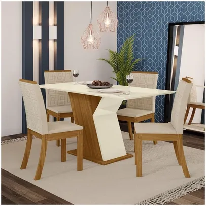 Conjunto Sala De Jantar Mesa 120cm 4 Cadeiras Kesha Casa 812 Nature Off White E Linho