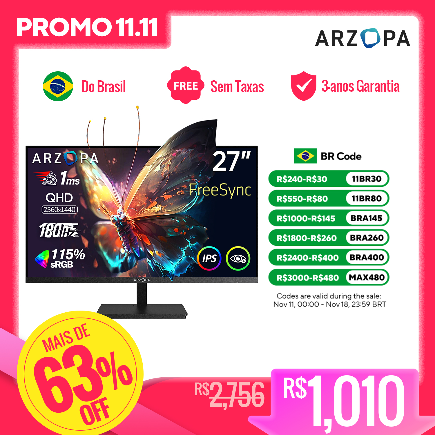 Monitor Arzopa IPS 27" 180Hz QHD 2560x1400p 1ms com Tipo-C FreeSync e Samsung DeX