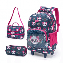 Kit Mochila De Rodinha Lancheira Estojo Spector De Panda Azul/Rosa