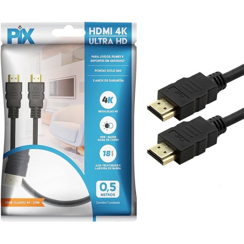 Cabo Hdmi 2.0 4K Hdr 19P 0.5M Pix Gold Preto