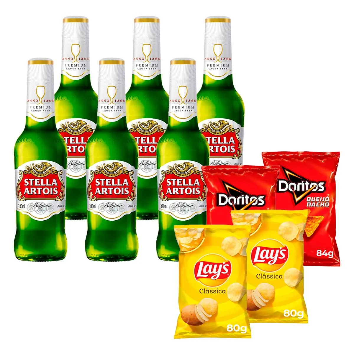 KIT JOGO 4 - Salgadinho Doritos, Batata Lays + Cerveja Stella Artois