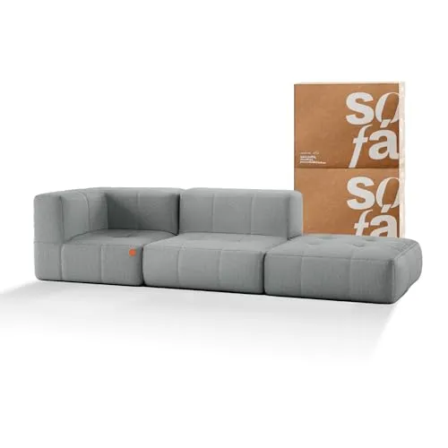 Sofá na Caixa modular 2 lugares em Boucle - 1 Braço com Chaise (Cinza)