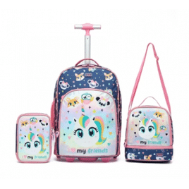 Kit Mochila De Rodinha Escolar Infantil Estojo Lancheira Unicornio