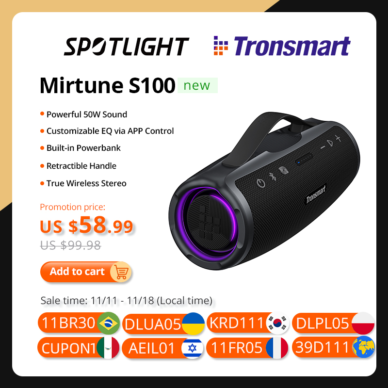 [R$ 394,58 MOEDAS/ APP/ TX INCLUSA] Caixa de Som Bluetooth Tronsmart Mirtune S100 RGB , 50W caixa de som com IPX7 À Prova D' Água