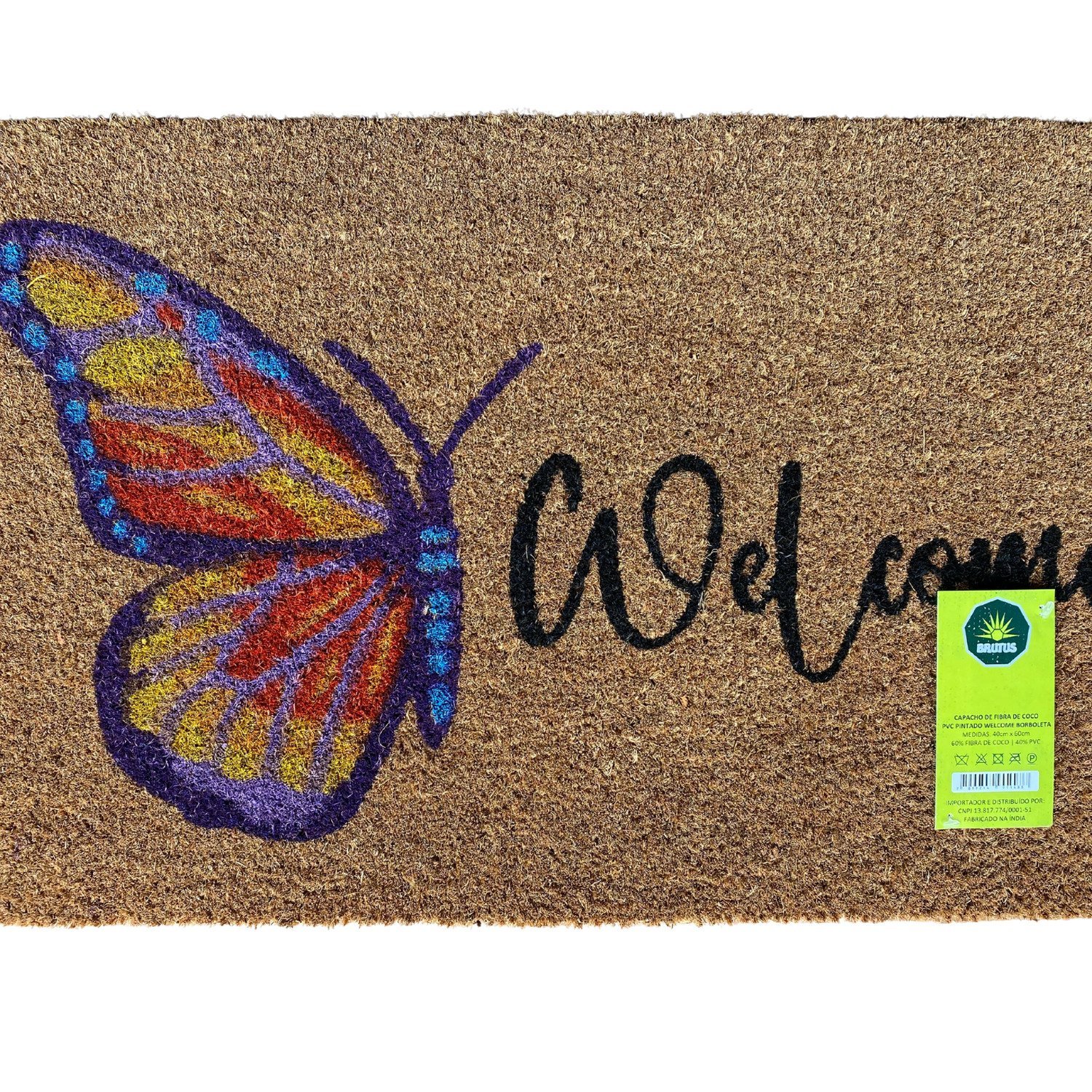 Capacho de Fibra de Coco PVC Pintado Welcome Borboleta 40cm X 60cm