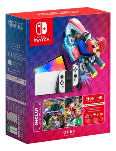 Console Nintendo Switch OLED 64GB Branco Mario Kart 8 Deluxe e 3 Meses de Assinatura Nintendo