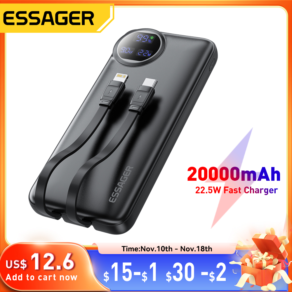 Essager 20000mAh Banco de potência portátil com 2 cabos 22,5W Display digital Powerbank para iPhone 15 14 Sam