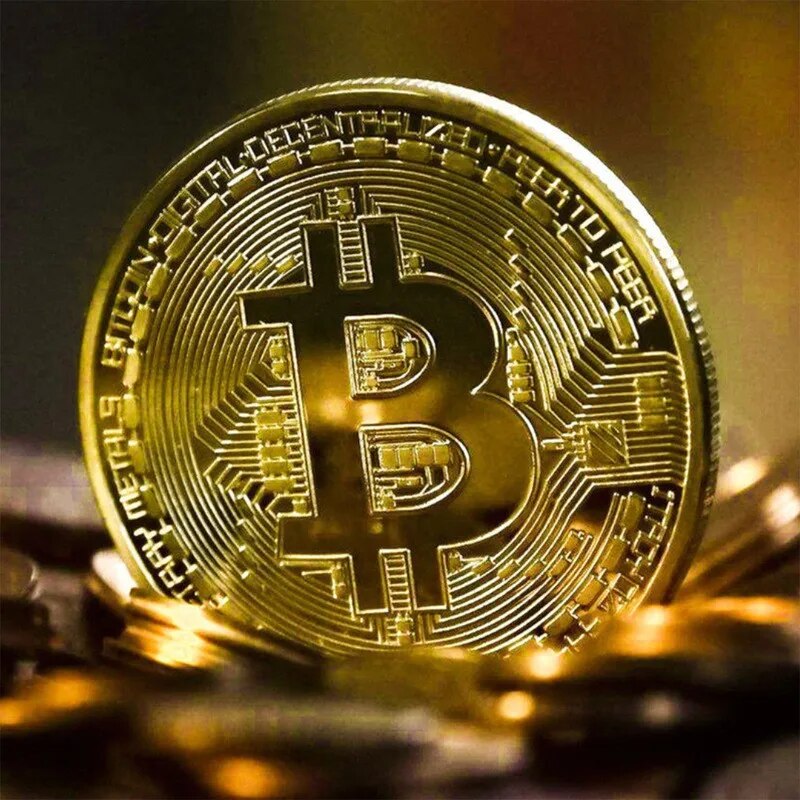 Moeda Bitcoin Banhada a Ouro Coleção de Arte Colecionável