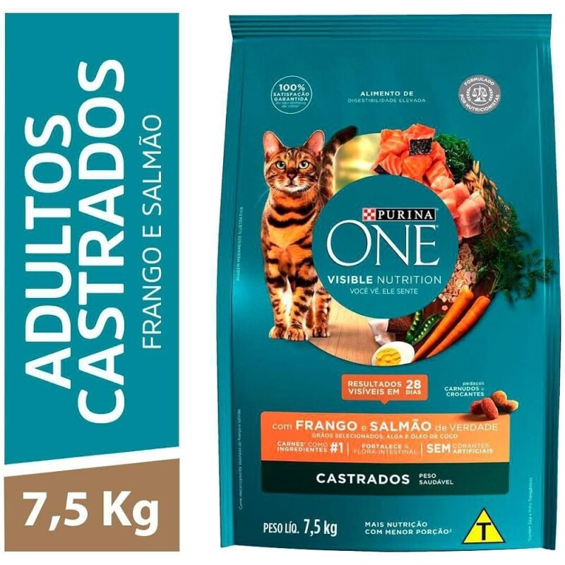 Ração Seca para Gatos Adultos Castrados Nestlé Purina One Todas as Raças Frango E Salmão 7,5kg