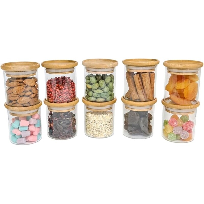 Potes De Vidro P/Mantimentos C/Tampa Bambu 200ml - 10 Pçs