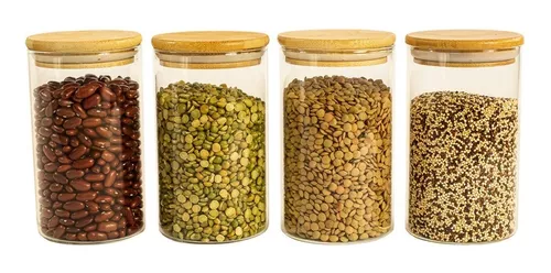 Kit 4 Potes De Vidro para Mantimentos 600ml com Tampa de Bambu