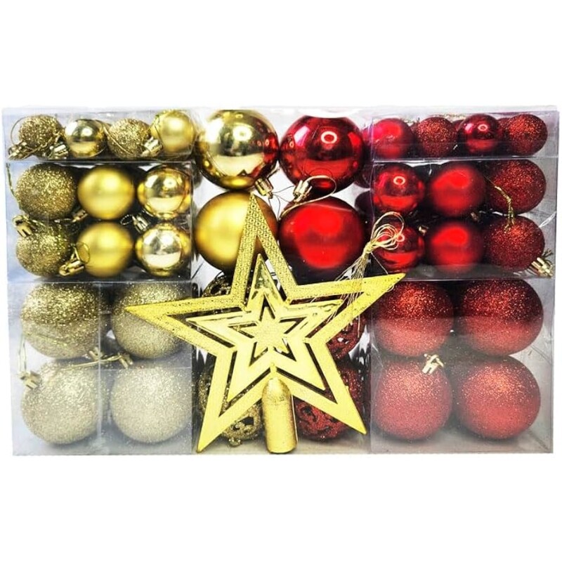 Kit C/100 Bolas de Natal Lisas/Foscas/Glitter + Ponteira - Vermelha e Dourada