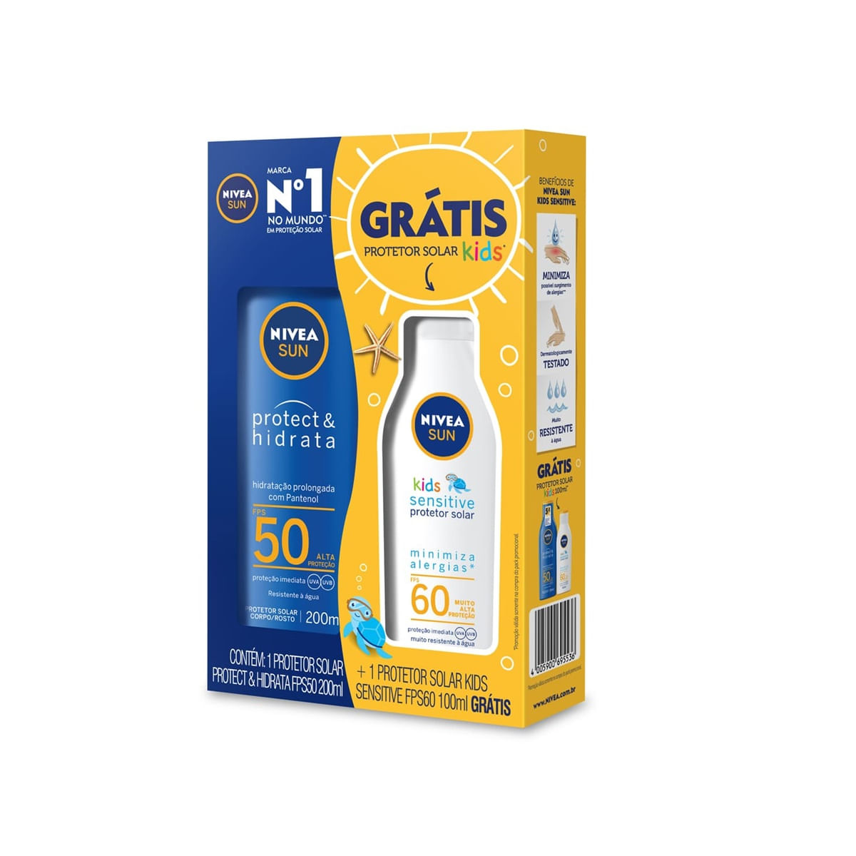 Kit Protetor Solar Nivea Sun Protect & Hidrata Fps50 200ml + Protetor Solar Nivea Sun Kids Sensitive Fps60 100ml