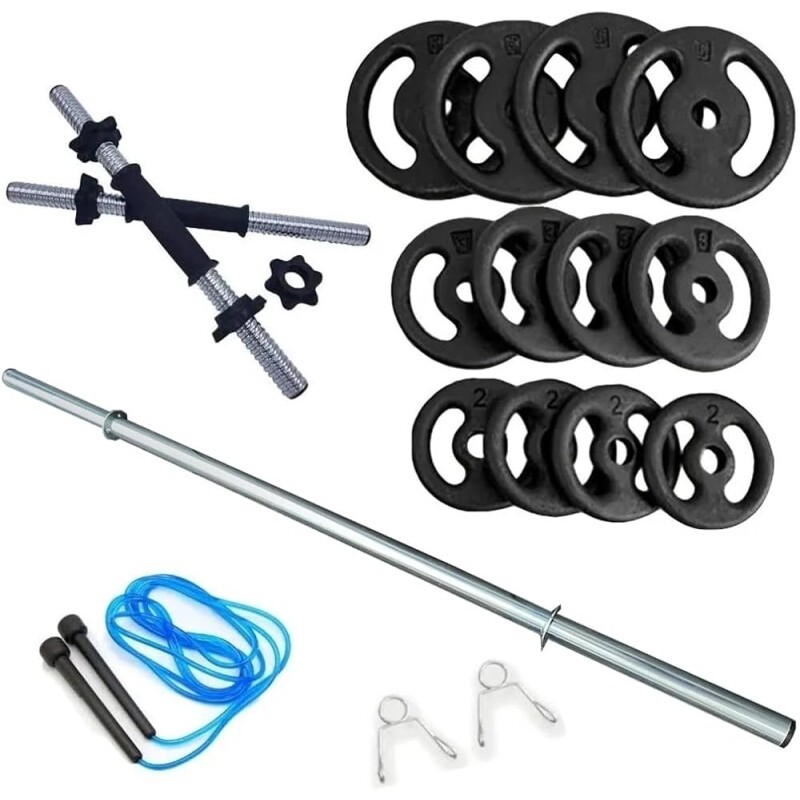 Kit Fitness 40Kg + 2 Barras 40cm C/Rosca + 1 Barra 120cm C/Presilhas + Corda