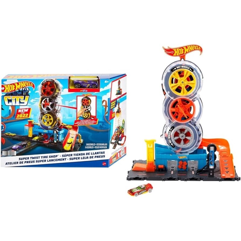 Pista Super Loja de Pneus City Hot Wheels com 1 Carrinho de Escala 1:64