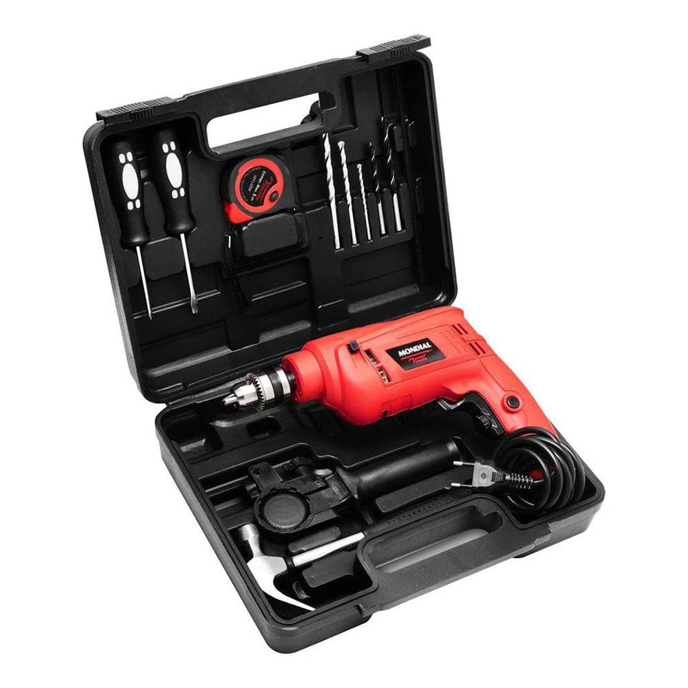 Kit Furadeira de Impacto 650W 3/8" Mondial Oficina NFFI-07M com 12 Peças e Maleta