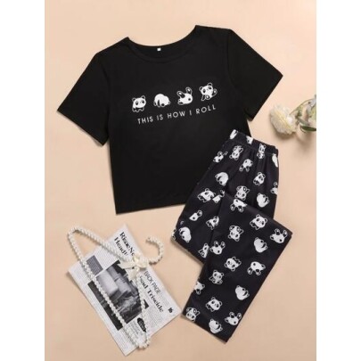 Conjunto de Pijama com Camiseta Gráfica com Panda e Slogan / Conjunto de Pijama