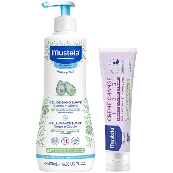 Mustela Combo Banho + Troca de Fralda Gel Lavante Corpo e Cabelo 500ml + Creme Preventivo De Assaduras Vitaminado 1>2>3 110g