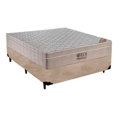 Cama Box Casal Suede + Colchão Molas Ensacadas Airtech Springpocket Ortobom 65x138x188 Bege