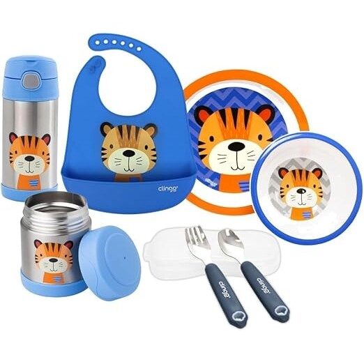 Kit Alimentação Clingo 7 Peças Babador + Garrafa + Pote Térmico + Tigela + Prato + Talheres em Metal Livre de BPA