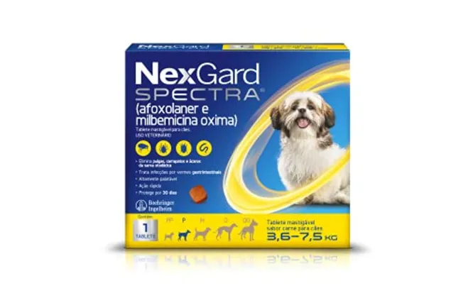 NexGard Spectra Antipulgas e Carrapatos e Vermífugo para Cães de 3,6 a 7,5kg - 1 tablete