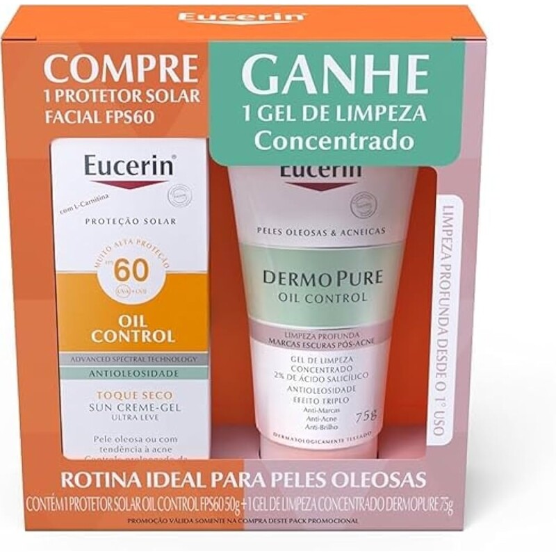 Kit Eucerin Protetor Solar Facial Oil Control FPS 60 50g + Gel de Limpeza Facial Concentrado Dermopure Oil Control 75g