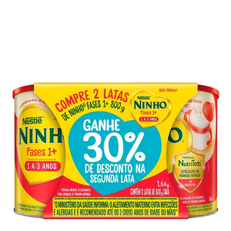 Kit Ninho Fases 2 Unidades Composto Lácteo 1+ 800g Cada com 30% Desconto na Segunda Lata 1,6kg - Nestlé