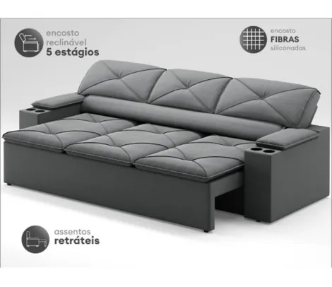 Sofá com Porta Copos Retrátil e Reclinável Pop 2,05m Velosuede Grafite - netsofas