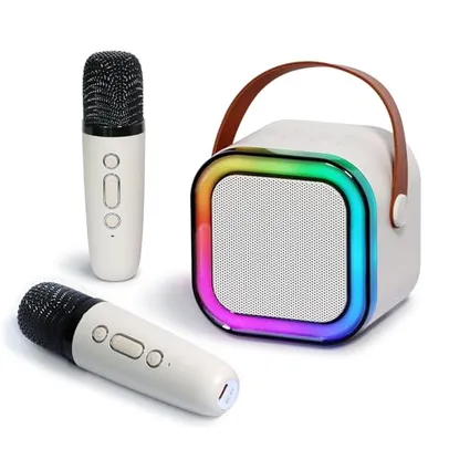 Pequeno portátil Bluetooth microfone karaoke caixa de som, Luzes LED dinâmicas embutidas, com 2 microfone sem fio, para infantil adultos