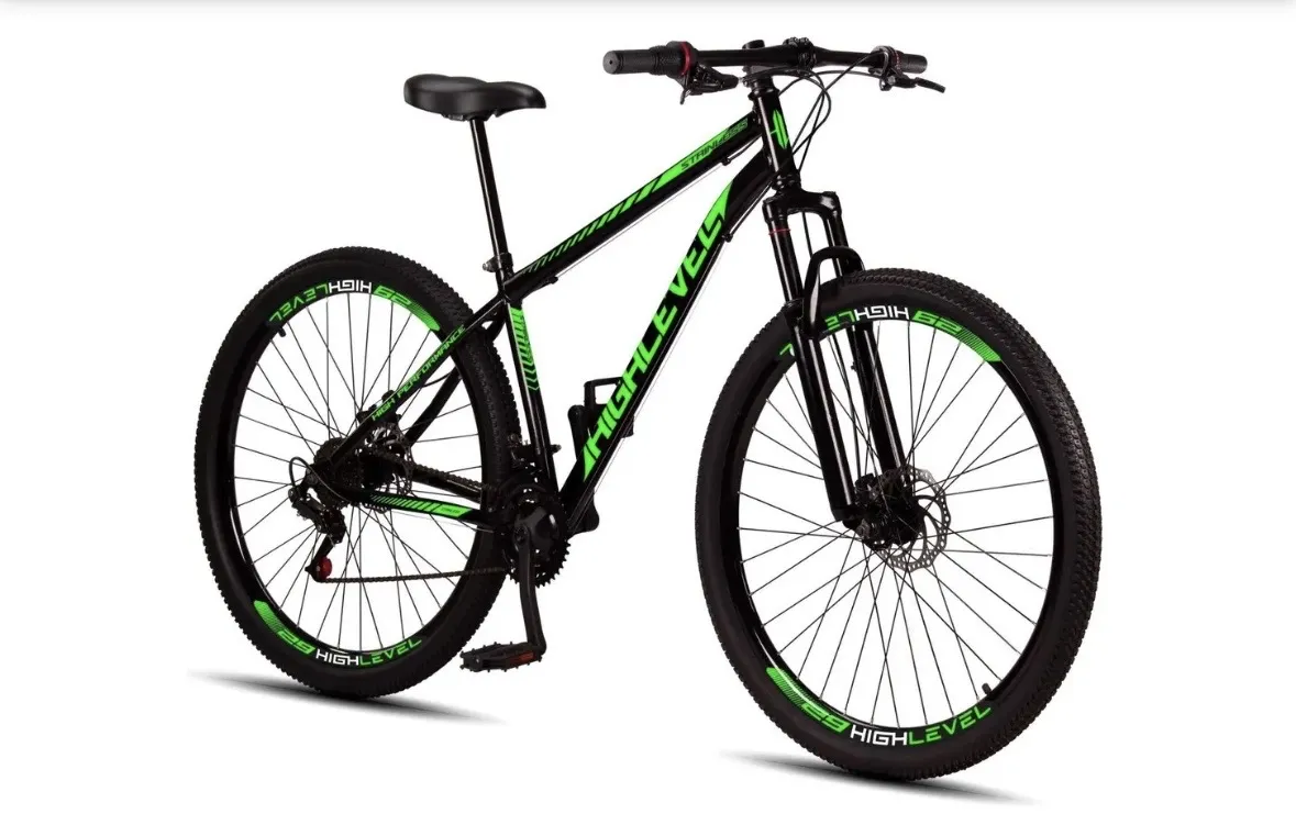 Bicicleta Aro 29 Aço Carbono HighlevelFreios a Disco Suspensão 21 marchas -Highlevel Bikes