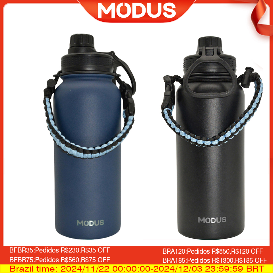 MODUS Garrafa[R$48,52 MOEDAS/APP ] Térmica de água de aço inoxidável com copo esportivo de 1000 ml com corda portátil