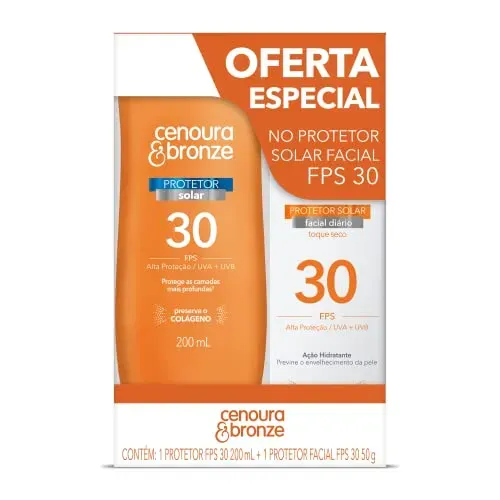 (REC) (R$ 16,08 CADA PROTETOR) Kit Protetor Solar Cenoura e Bronze Corpo FPS 30 200ml + Facial FPS 30 50g