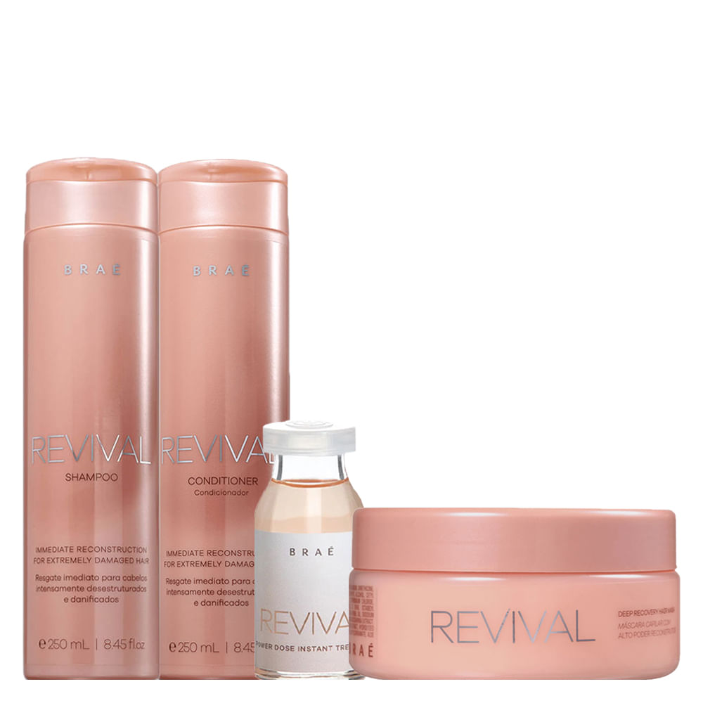 Kit Braé Revival - Shampoo 250ml + Condicionador 250ml + Máscara de Reconstrução 200g + Ampola de Reconstrução