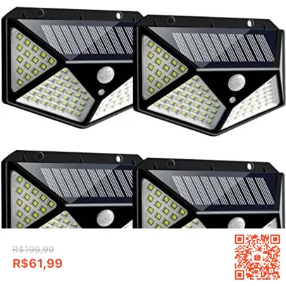 ￼4 Peças Luminária Solar De Parede Refletor 100 Led Sensor Presença Movimento Prova D' Água Com 3 Funções Solar light