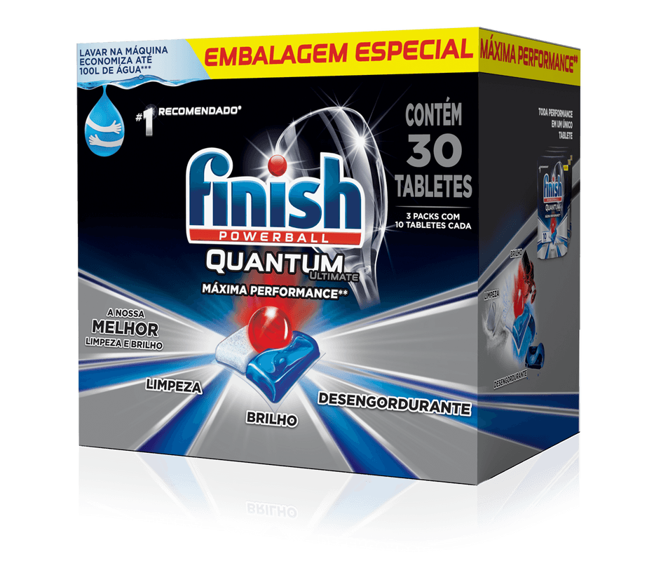 Detergente para Lava-Louças Ultimate Finish Powerball Quantum Pack com 3 Unidades de 10 Tabletes Cada Embalagem Especial