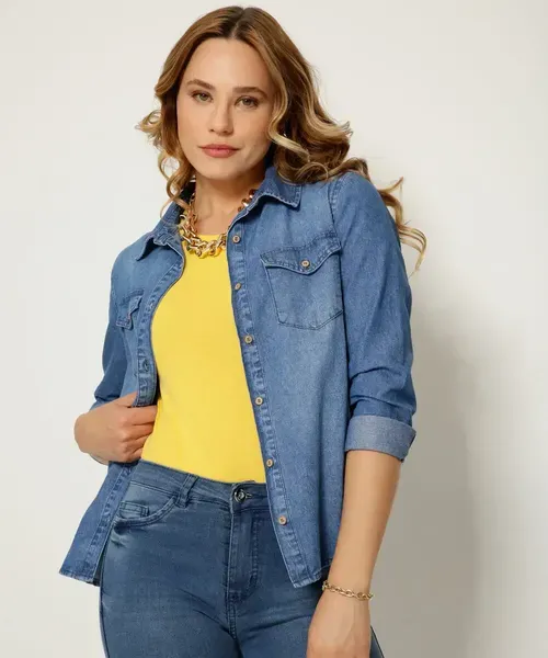 Camisa Feminina Jeans Bolsos Manga Longa Marisa