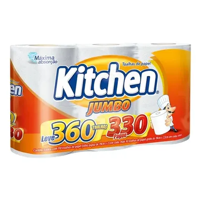 Papel Toalha Branco Kitchen Jumbo com 3 Unidades - 360 toalhas