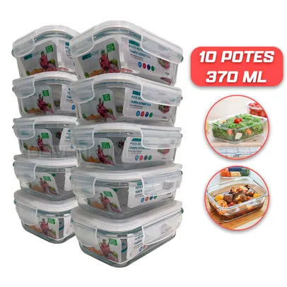 Kit 10 Potes de Vidro 370ml Hermético Marmita Fit com Tampa 4 Travas