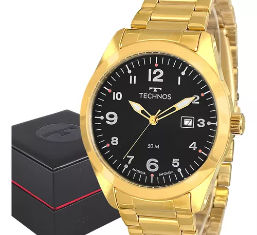 Relógio Masculino Dourado Technos Ouro 18k Carteira Brinde