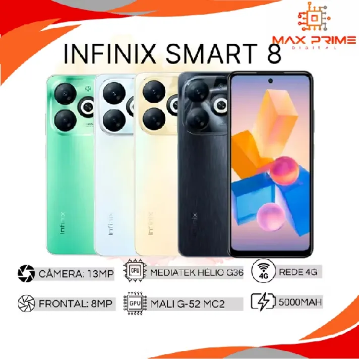 Celular Infinix Smart 8 4G 128GB/4GB RAM, Mediatek Hélio G36 Bateria 5000Mah 4G, Câmera 13MP Versão Global (Lacrado)