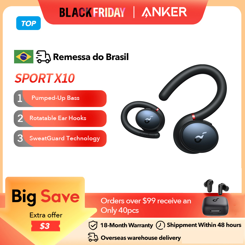 Anker-Soundcore Sport Bluetooth 5.2 Fones de ouvido, fones de ouvido IPX7 impermeáveis, sweatproof, ganchos rotativos, graves profundos, X10