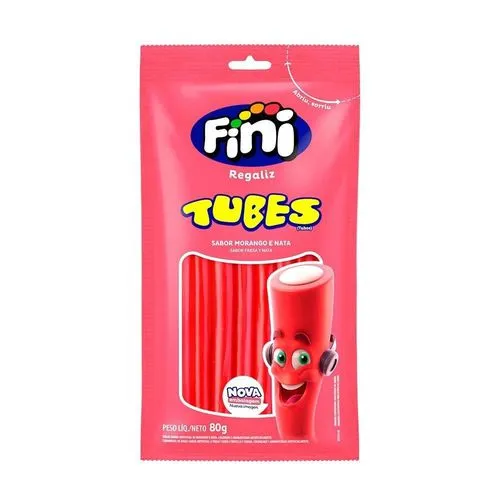 (R$2,50 cada / a partir de 4 unidades) Tubes Tubinhos Morango Fini 80g