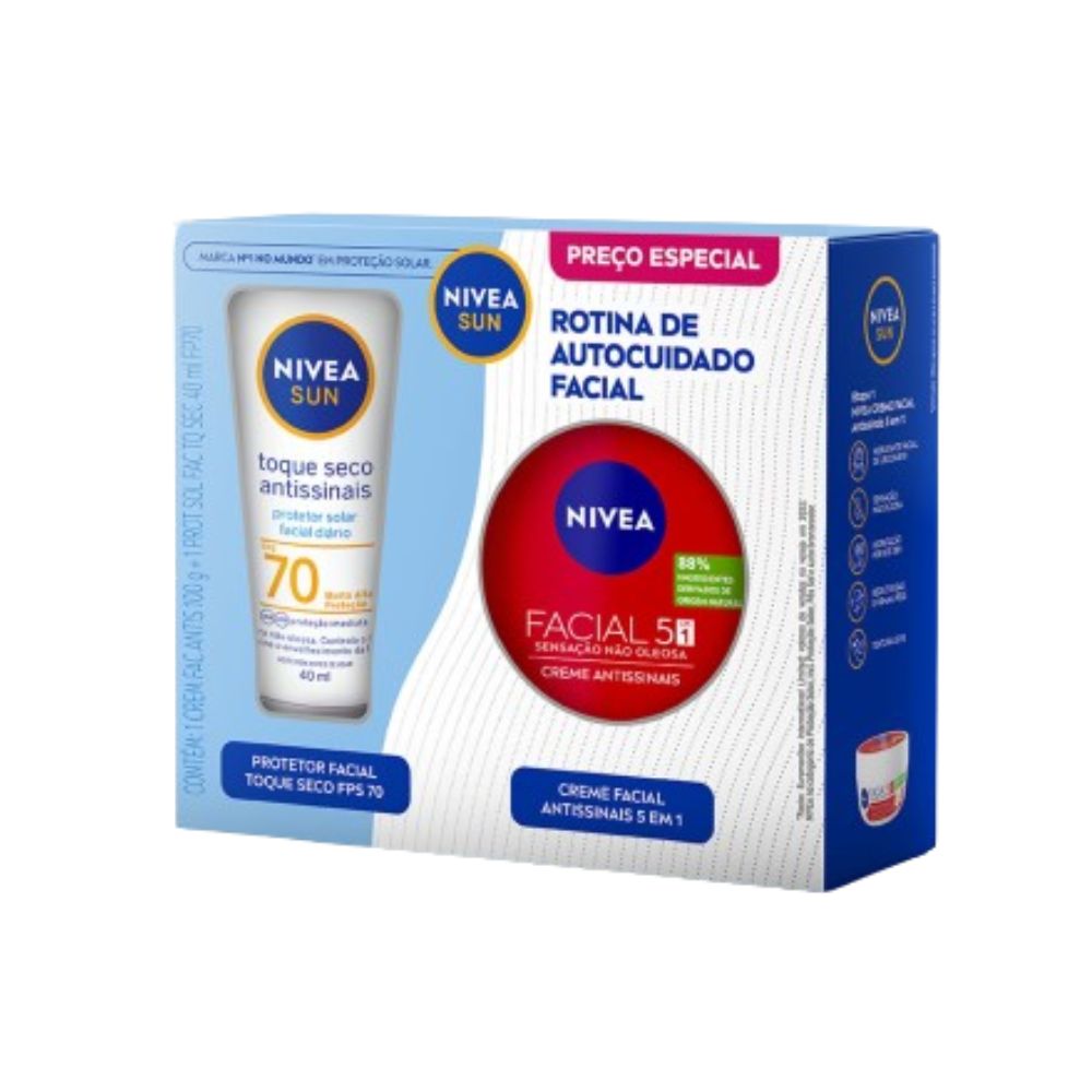 [Regional] Kit Nivea Sun Protetor Solar Facial Antissinais Fps70 40ml + Creme Facial Antissinais 5 Em 1 100g