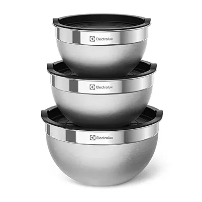 (Missão R$ 93,90)Conjunto de Bowls Tigelas de Inox com Tampa Plástica Electrolux