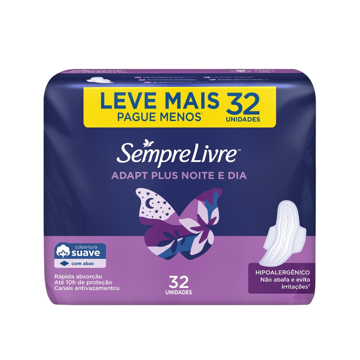 Absorvente Sempre Livre Adapt Plus Noite e Dia Suave com Abas 32 Unidades Leve Mais Pague Menos