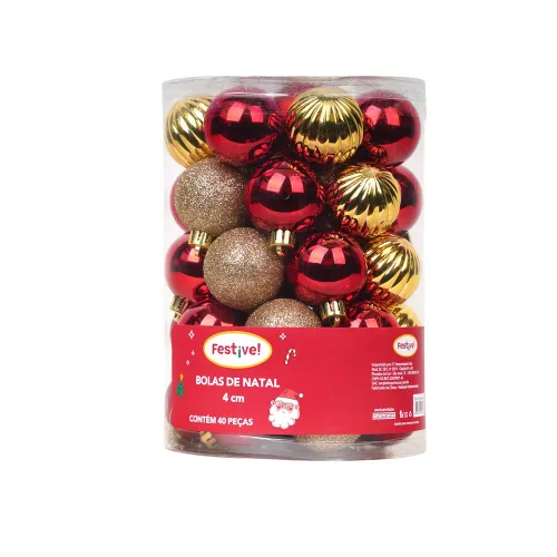 Conjunto com 40 Bolas de 4cm Vermelha E Dourada para Árvore de Natal - Festive