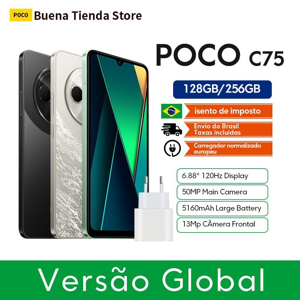 Smartphone Poco C75 Versão Global com Câmera Dupla, NFC, Tela de 6,88" com 120Hz, 6GB de RAM e 128GB