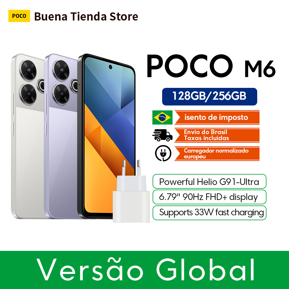 Smartphone Poco M6 Versão Global com Câmera Dupla, NFC, Tela de 6,79", 8GB de RAM, 128GB de Armazenamento e Carregamento Rápido