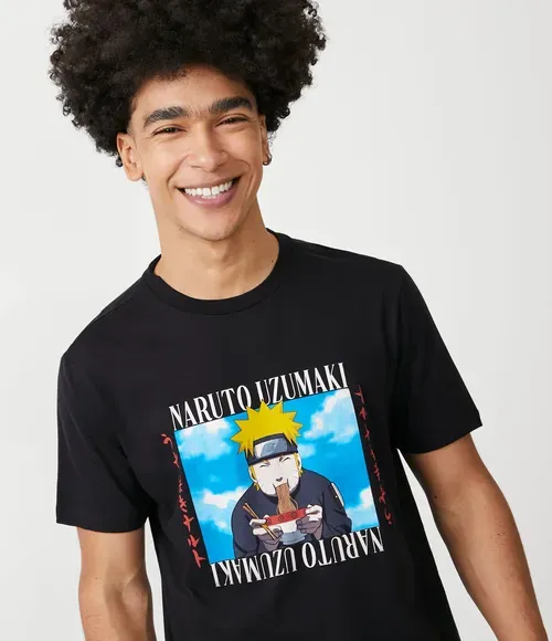 Camiseta Regular em Algodão com Estampa Naruto Comilão Preto - Tamanhos P e PP