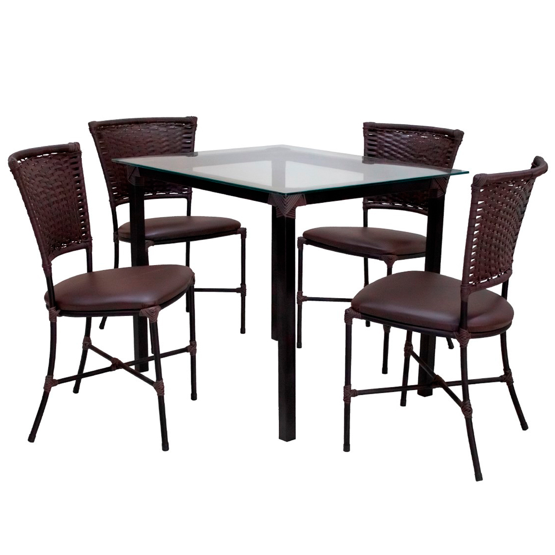 Conjunto De Mesa 4 Cadeiras Tampo De Vidro Gramado Fama - Marrom